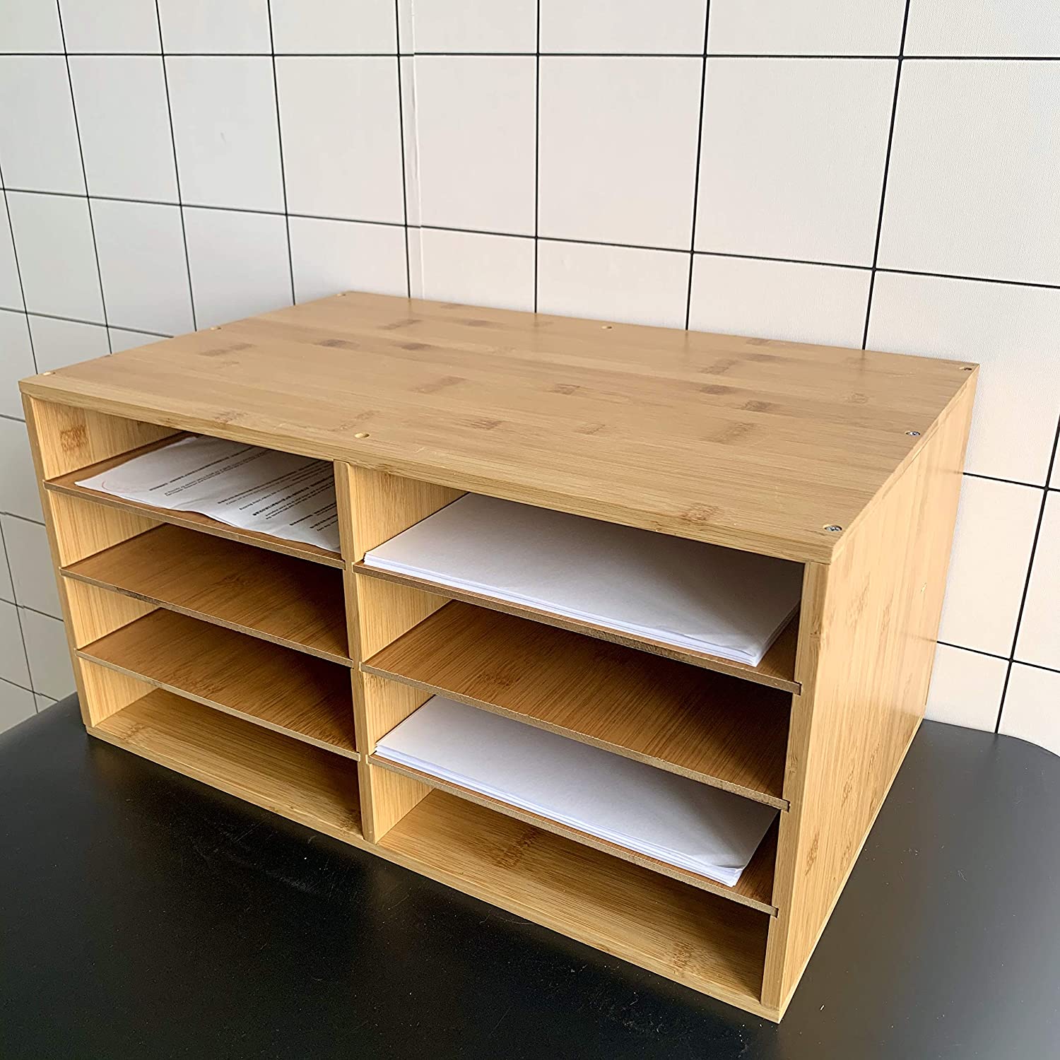 File A4 Paper Hygrad Large Bamboo Desktop File Sorter A4 Document Desk Tidy Organisers Storage 8 Compartments, 49 x 31 x 25cm