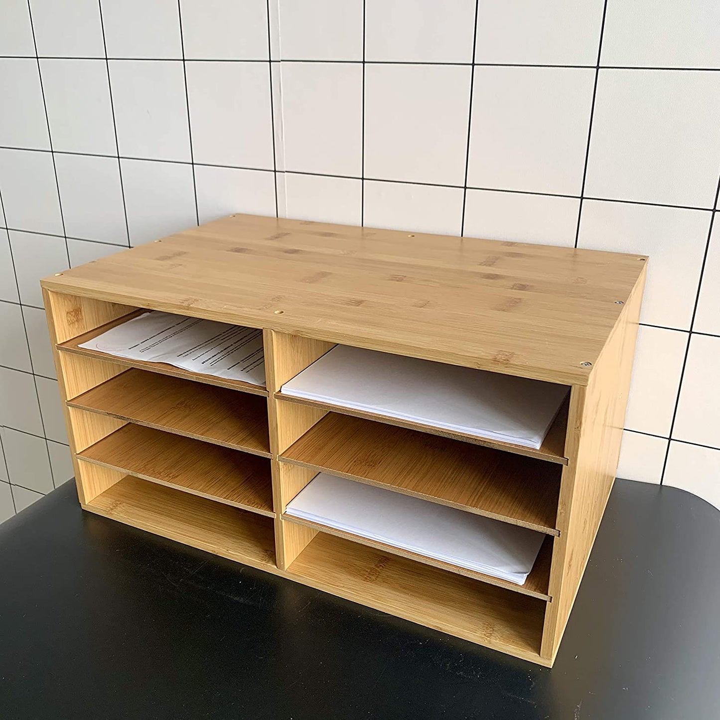 File A4 Paper Hygrad Large Bamboo Desktop File Sorter A4 Document Desk Tidy Organisers Storage 8 Compartments, 49 x 31 x 25cm