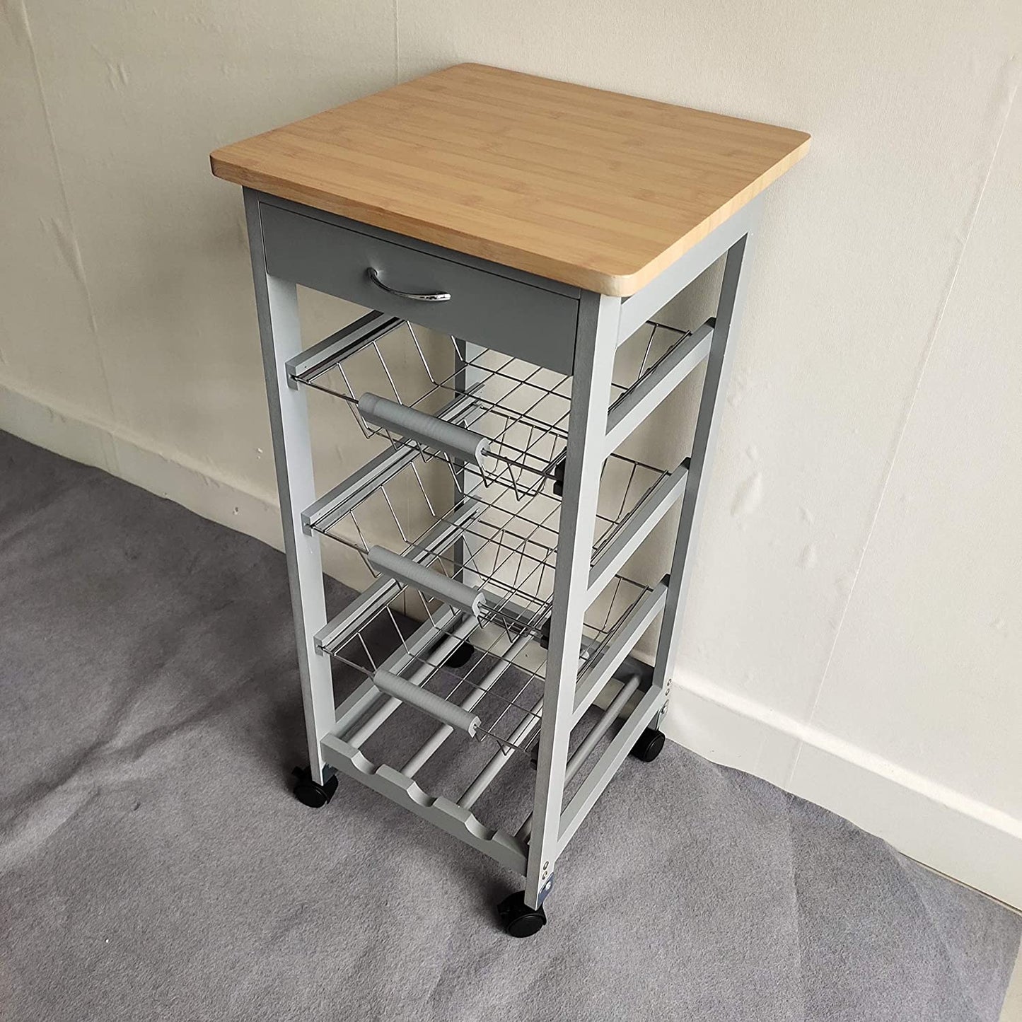 Kitchen Trolley White/Grey Wooden 3 Tier Rolling Basket Organiser Cabinet Cart (3 Basket + 1 Wine Rack)