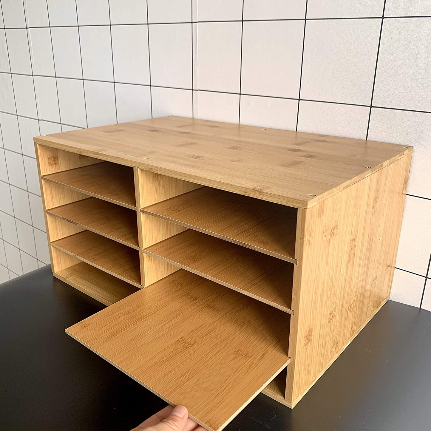 File A4 Paper Hygrad Large Bamboo Desktop File Sorter A4 Document Desk Tidy Organisers Storage 8 Compartments, 49 x 31 x 25cm