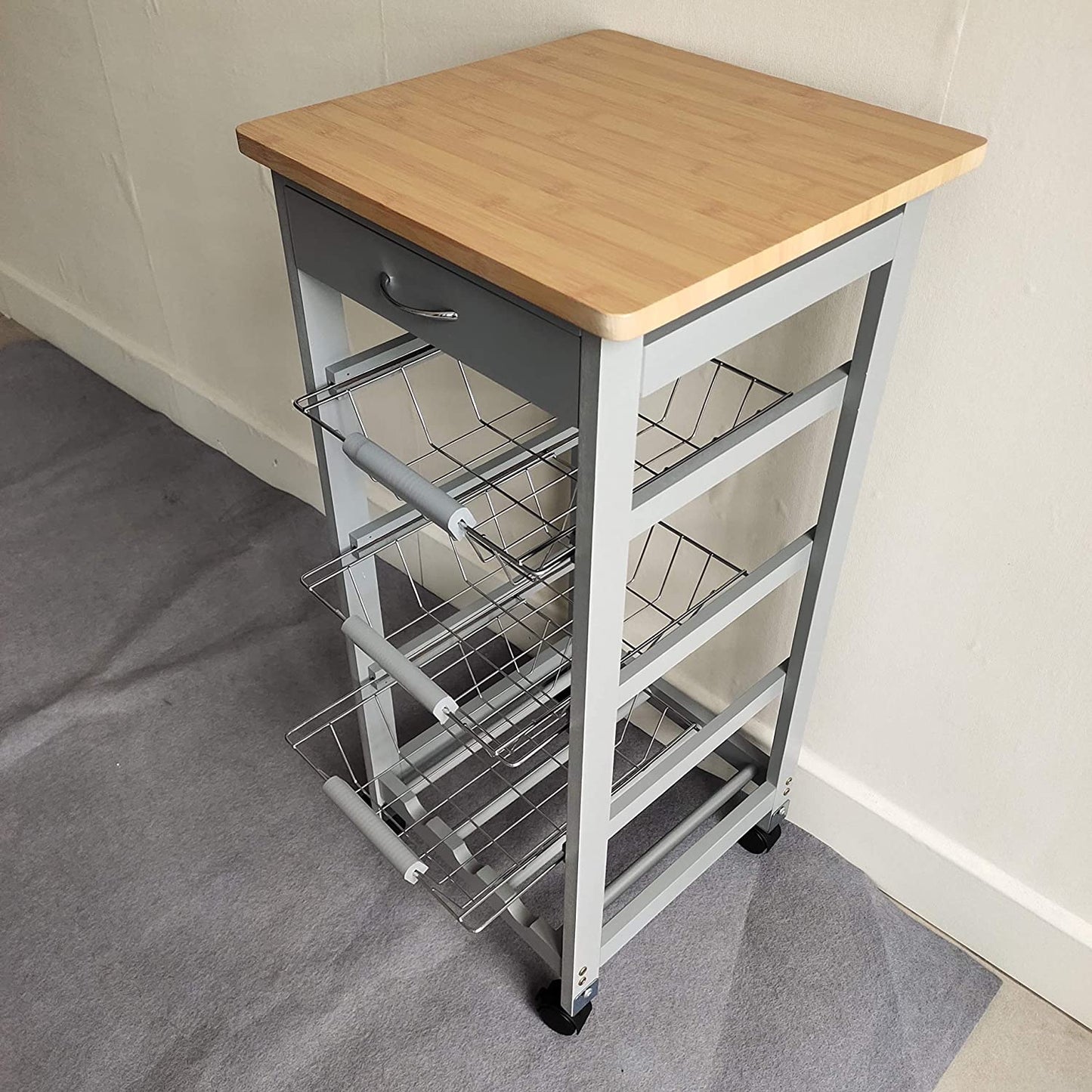 Kitchen Trolley White/Grey Wooden 3 Tier Rolling Basket Organiser Cabinet Cart (3 Basket + 1 Wine Rack)