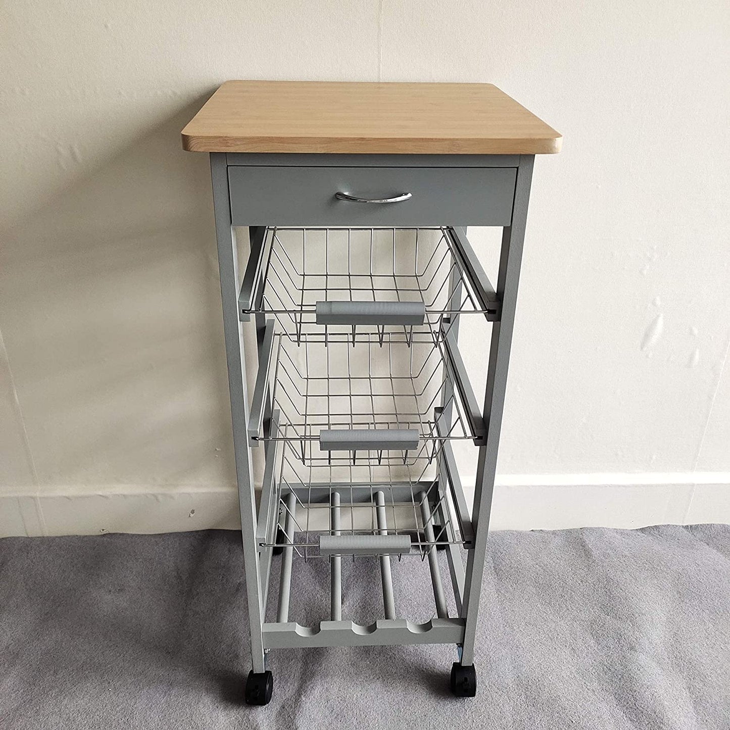 Kitchen Trolley White/Grey Wooden 3 Tier Rolling Basket Organiser Cabinet Cart (3 Basket + 1 Wine Rack)