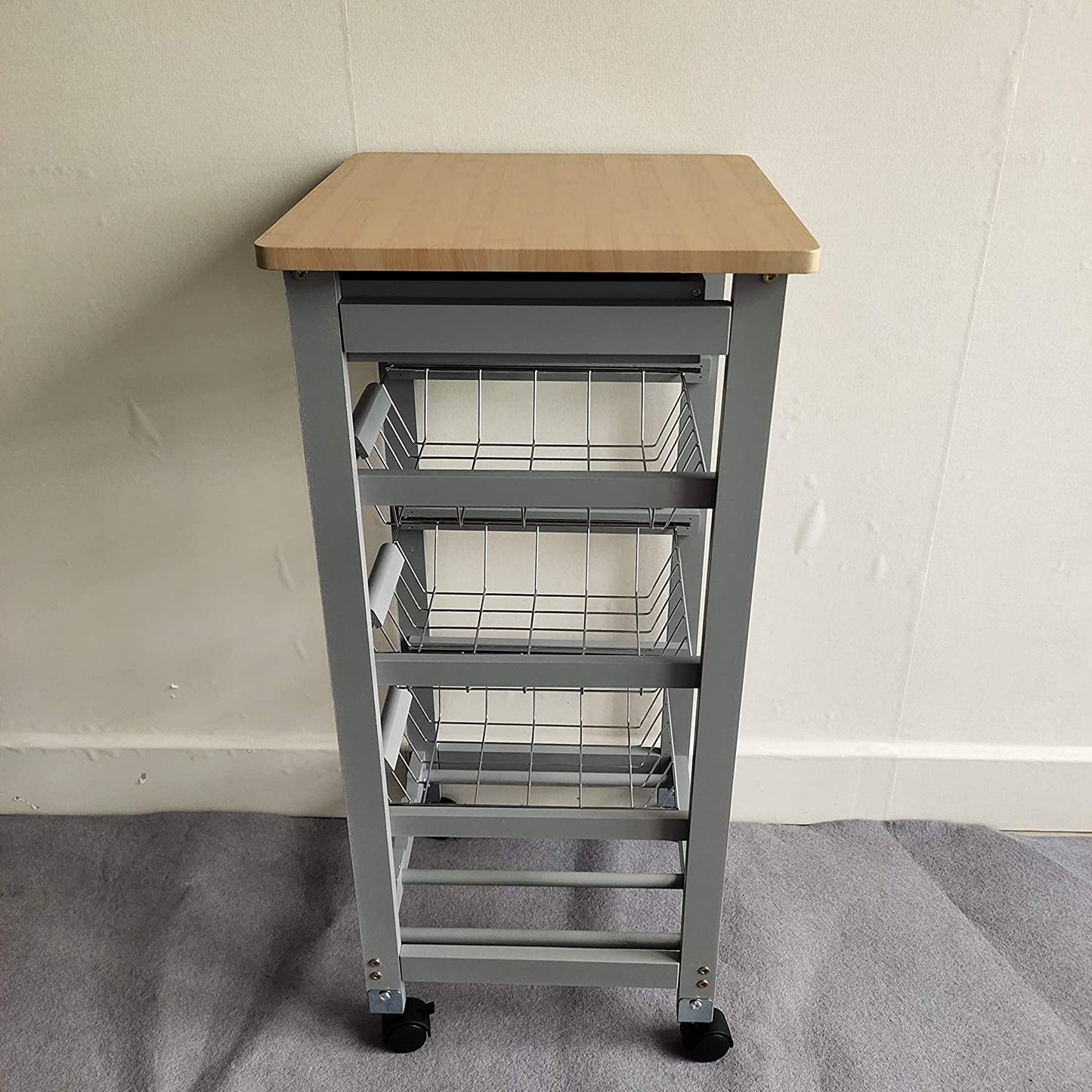 Kitchen Trolley White/Grey Wooden 3 Tier Rolling Basket Organiser Cabinet Cart (3 Basket + 1 Wine Rack)