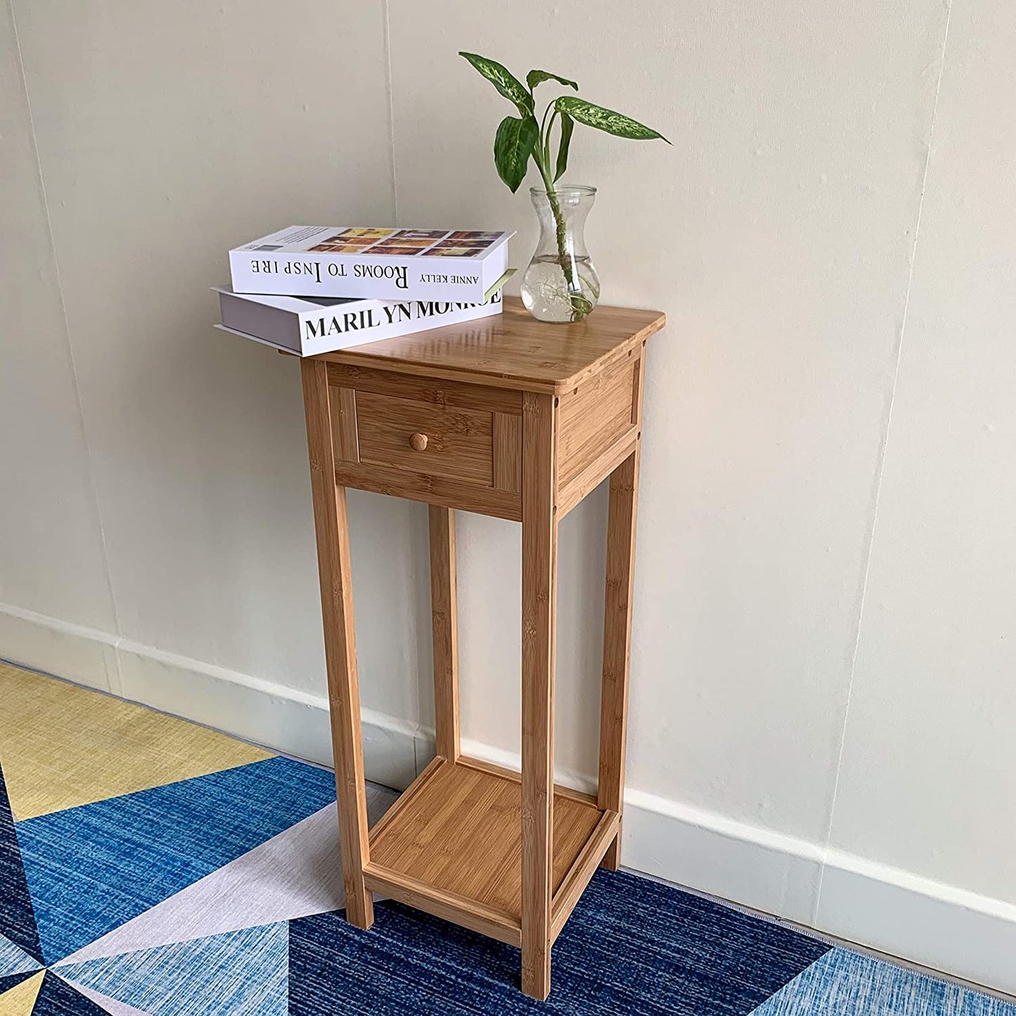 Hygrad Bamboo Tall Side Bedroom Living Room Table Nightstand with drawer and lower shelf