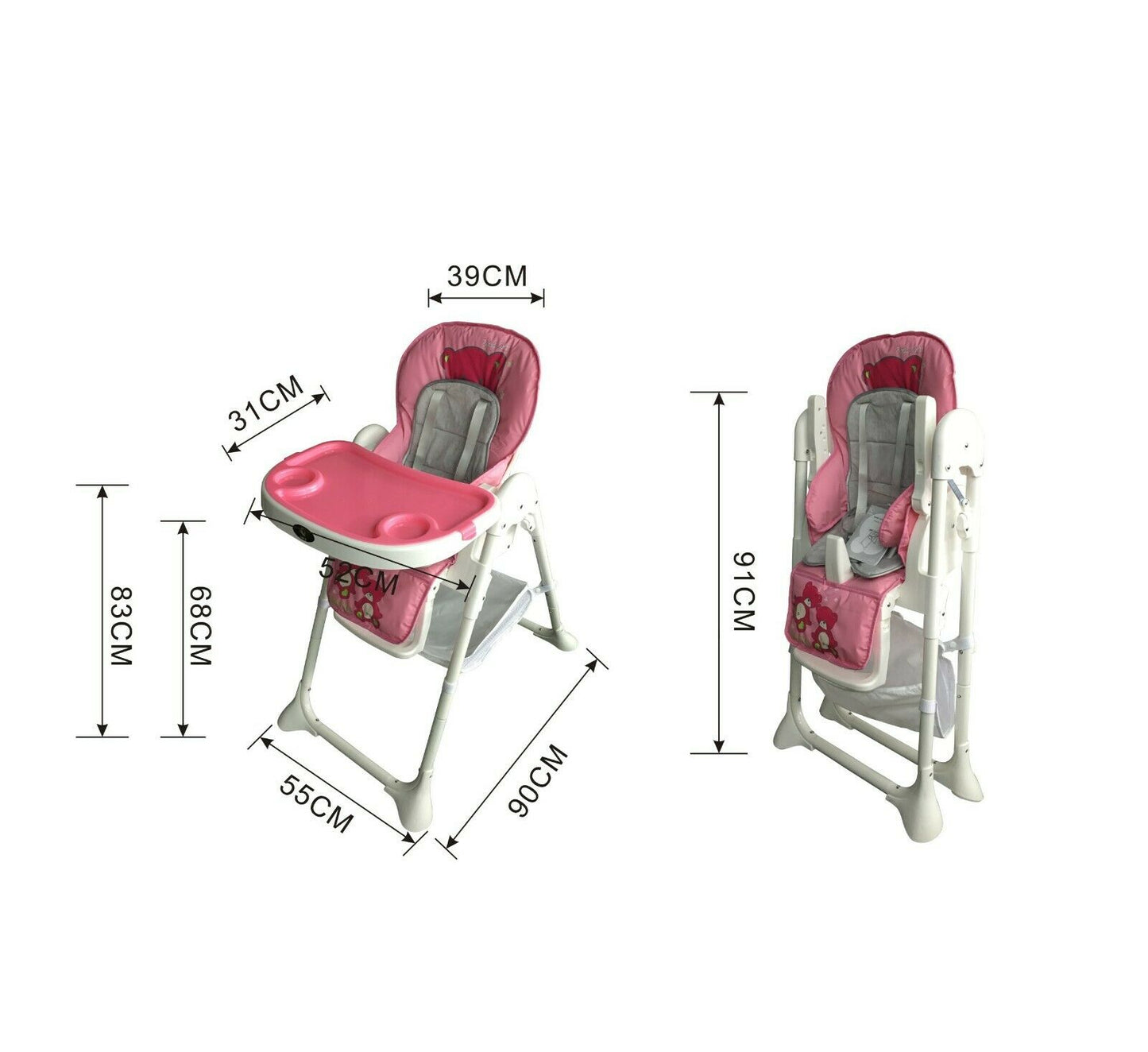 G4RCE Foldable 3 in 1 Baby Toddler Child Kids Infant Highchair Feeding Recliner Adjustable Seat Chair in Pink & Blue