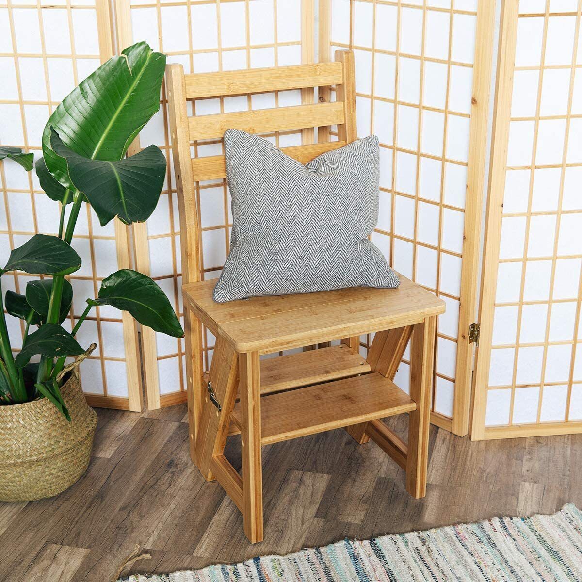 HYGRAD BUILT TO SURVIVE Innovative Creative Transforming Folding Fold Up Library Steps Step Ladder Chair Kitchen Office Use Natural Bamboo Colour