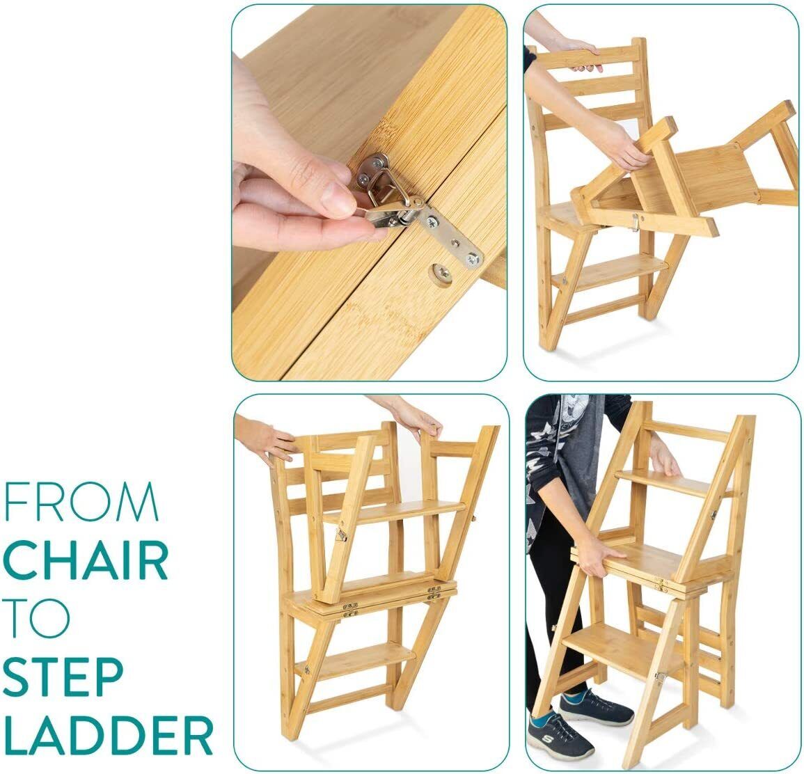 HYGRAD BUILT TO SURVIVE Innovative Creative Transforming Folding Fold Up Library Steps Step Ladder Chair Kitchen Office Use Natural Bamboo Colour