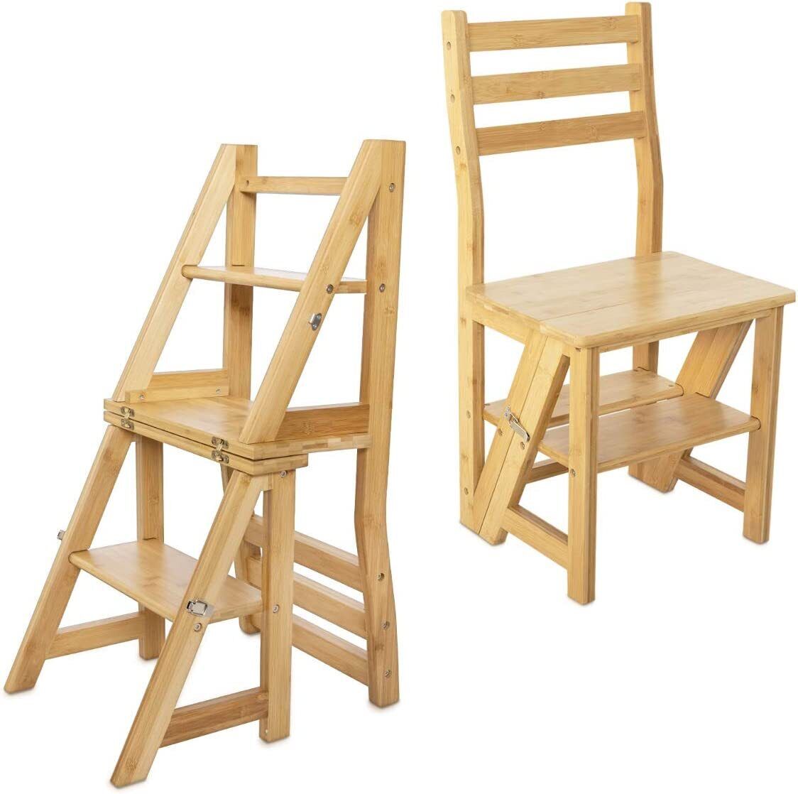 HYGRAD BUILT TO SURVIVE Innovative Creative Transforming Folding Fold Up Library Steps Step Ladder Chair Kitchen Office Use Natural Bamboo Colour