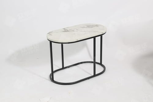 HYGRAD BUILT TO SURVIVE Set of 2 Marble/Metal Round Oval Nesting Side End Coffee Table White/Gold, White/Black, Black/Black & Black/Gold For Home Living Bed Room (White/Black)