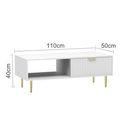 HYGRAD BUILT TO SURVIVE Free Standing White Wooden Fluted Chic Low Rise Coffee Centre Table Drawer Storage Home Living Room Furniture