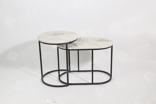 HYGRAD BUILT TO SURVIVE Set of 2 Marble/Metal Round Oval Nesting Side End Coffee Table White/Gold, White/Black, Black/Black & Black/Gold For Home Living Bed Room (White/Black)