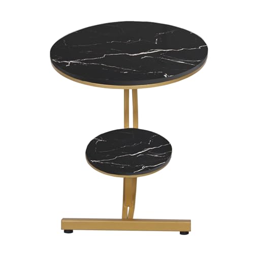 HYGRAD BUILT TO SURVIVE 2 Tier C Shaped Round Sintered Stone/Metal End Coffee Sofa Side Centre Table (Black/Gold)