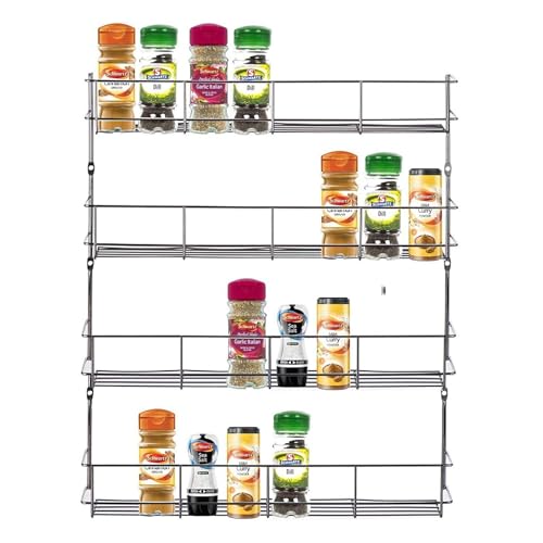 HYGRAD BUILT TO SURVIVE Multifunction Wall Mount Inside Cabinet Cupboard Silver Metal Spice Herb Jar Container Storage Rack Shelf Organiser Kitchen Tidy Home (4 Tier)