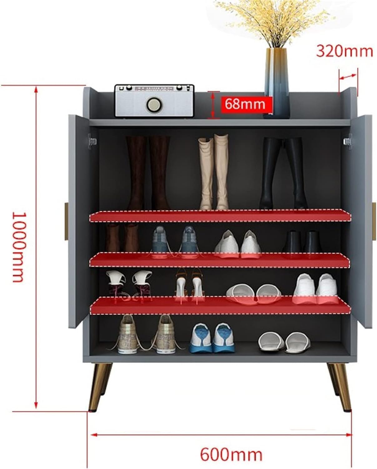 HYGRAD BUILT TO SURVIVE Modern Shoe Cabinet with 2 Doors, Open Shelf and Adjustable Shelves, Hallway Shoe Cupboard for 15 Pairs of Shoes, Entryway Storage Unit (Grey)