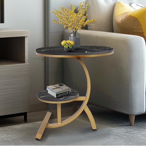 HYGRAD BUILT TO SURVIVE 2 Tier C Shaped Round Sintered Stone/Metal End Coffee Sofa Side Centre Table (Black/Gold)