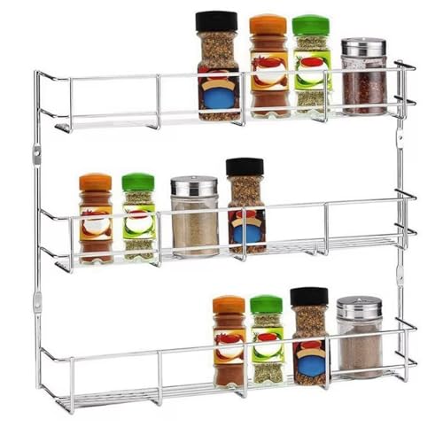 HYGRAD BUILT TO SURVIVE Multifunction Wall Mount Inside Cabinet Cupboard Silver Metal Spice Herb Jar Container Storage Rack Shelf Organiser Kitchen Tidy Home (3 Tier)