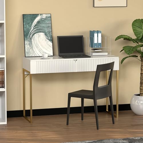 Free Standing White Elegant Fluted Wooden Computer Study Writing Desk Vanity Console Beauty Table With Golden Legs