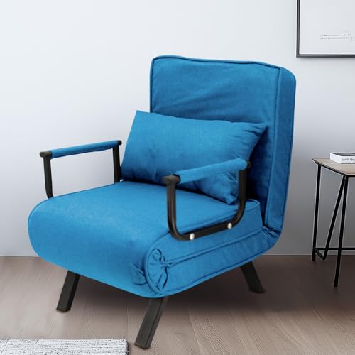 HYGRAD BUILT TO SURVIVE 4 In 1 Folding Foldable Single One Seater Padded Lazy Sofa Chair Bed Chaise Lounger Couch Recliner Sleeper With Pillow In 3 Colours (Blue)