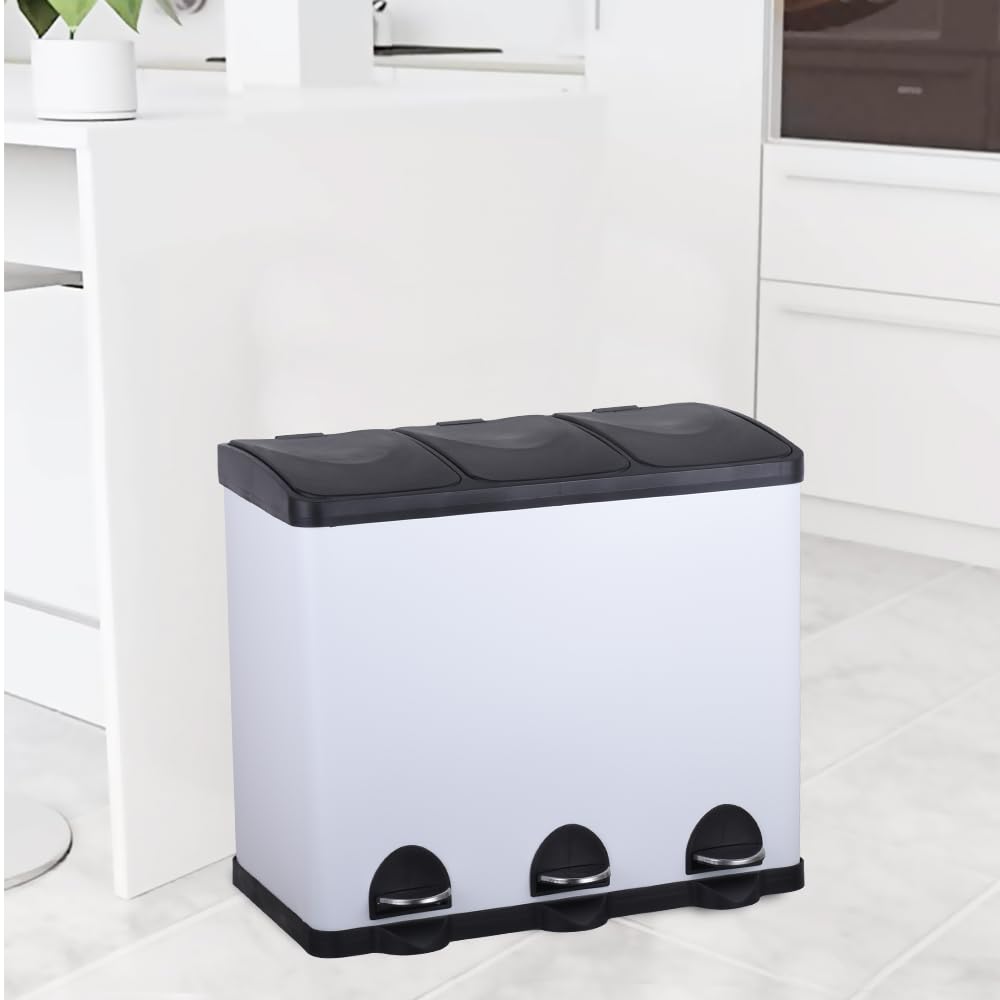 HYGRAD BUILT TO SURVIVE 3 Compartment Portable Floor Standing Metal/Plastic Pedal Recycle Trash Waste Bin Can In 45L 60L & 3 Colours With Stickers & Bin Liners (White, 45L)