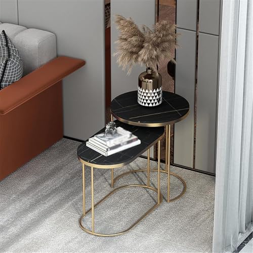 HYGRAD BUILT TO SURVIVE Set of 2 Marble/Metal Round Oval Nesting Side End Coffee Table White/Gold, White/Black, Black/Black & Black/Gold For Home Living Bed Room (Black/Gold)