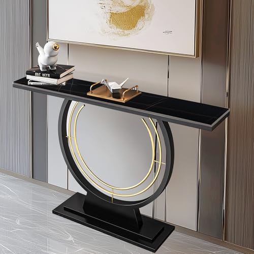 HYGRAD BUILT TO SURVIVE 120cm Wide Free Standing Narrow Slim Marble Effect Sintered Stone Metal Half Moon Base Console Sofa End Table Hallway Furniture (Black/Black)