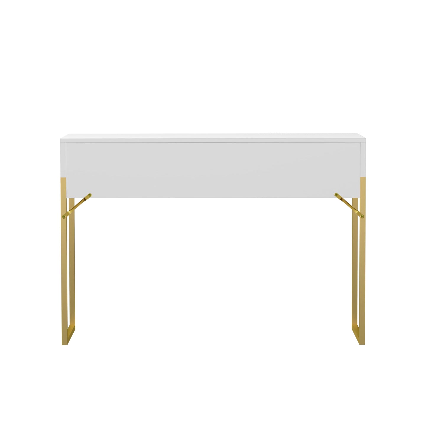 Free Standing White Elegant Fluted Wooden Computer Study Writing Desk Vanity Console Beauty Table With Golden Legs