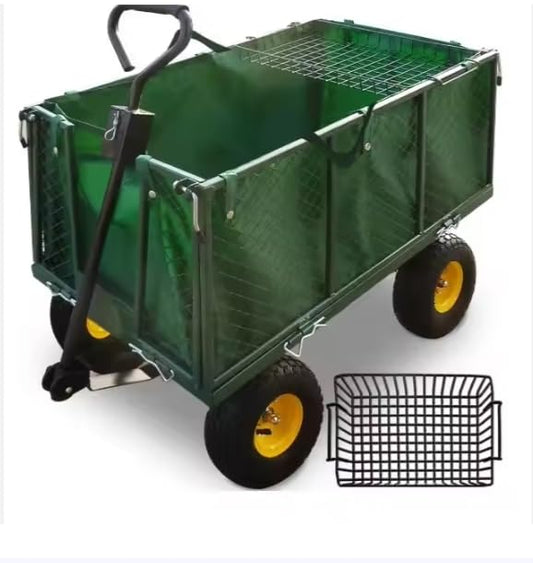 Heavy Duty Steel Garden Trolley On Wheels -Trailer 550kg Capacity, Large Folding Utility Wagon 180° Rotatable Handle, Removable Sides With Cart Liner For Camping, Beach Cart