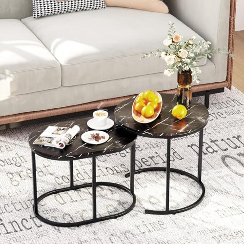 HYGRAD BUILT TO SURVIVE Set of 2 Marble/Metal Round Oval Nesting Side End Coffee Table White/Gold, White/Black, Black/Black & Black/Gold For Home Living Bed Room (Black/Black)