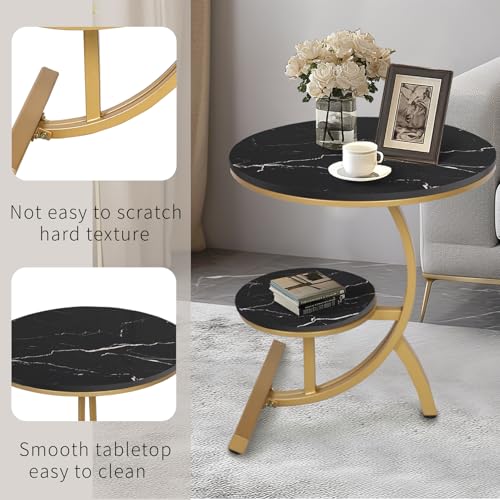 HYGRAD BUILT TO SURVIVE 2 Tier C Shaped Round Sintered Stone/Metal End Coffee Sofa Side Centre Table (Black/Gold)