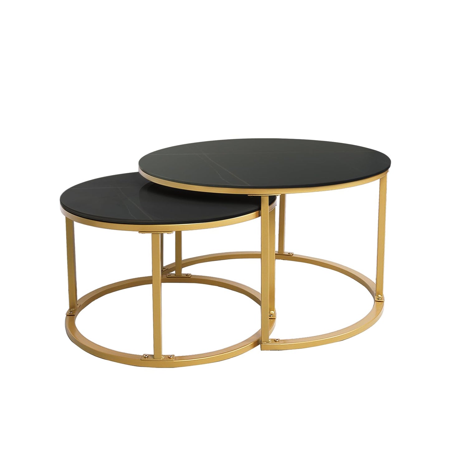 HYGRAD BUILT TO SURVIVE 2 x Round Sintered Stone With Metal Frame Marble Effect Nesting Coffee End Sofa Tables Home Living Room Furniture 70 x 70cm (Black/Gold)