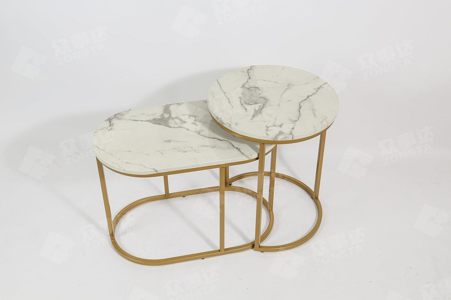 HYGRAD BUILT TO SURVIVE Set of 2 Marble/Metal Round Oval Nesting Side End Coffee Table White/Gold, White/Black, Black/Black & Black/Gold For Home Living Bed Room (White/Gold)