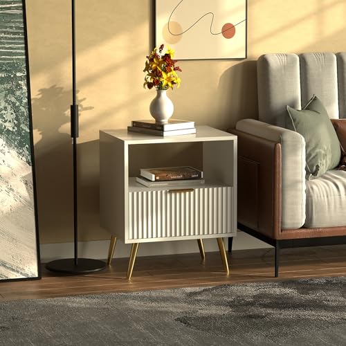 HYGRAD BUILT TO SURVIVE Free Standing White Wooden Chic Modern Bedside Sofa End Table Nightstand With Metal Golden Legs For Bedroom Living Room