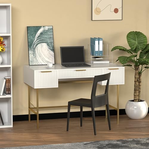 HYGRAD BUILT TO SURVIVE 121cm Wide Free Standing White Wooden Fluted Chic Writing Study Computer Desk Vanity Console Dressing Table 3 Drawers With Gold Metal Frame