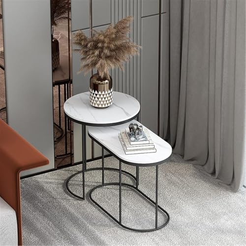 HYGRAD BUILT TO SURVIVE Set of 2 Marble/Metal Round Oval Nesting Side End Coffee Table White/Gold, White/Black, Black/Black & Black/Gold For Home Living Bed Room (White/Black)