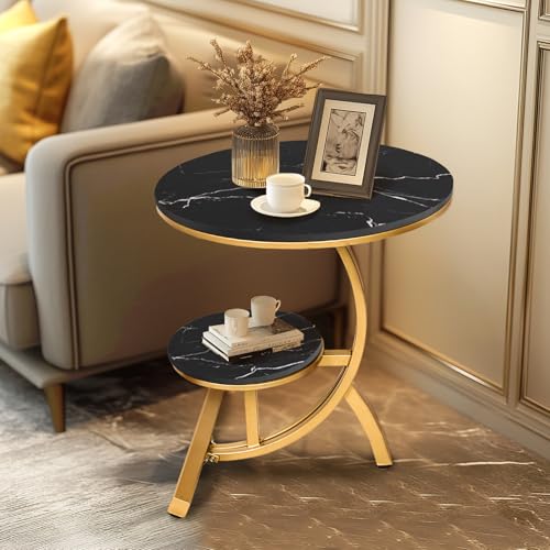 HYGRAD BUILT TO SURVIVE 2 Tier C Shaped Round Sintered Stone/Metal End Coffee Sofa Side Centre Table (Black/Gold)