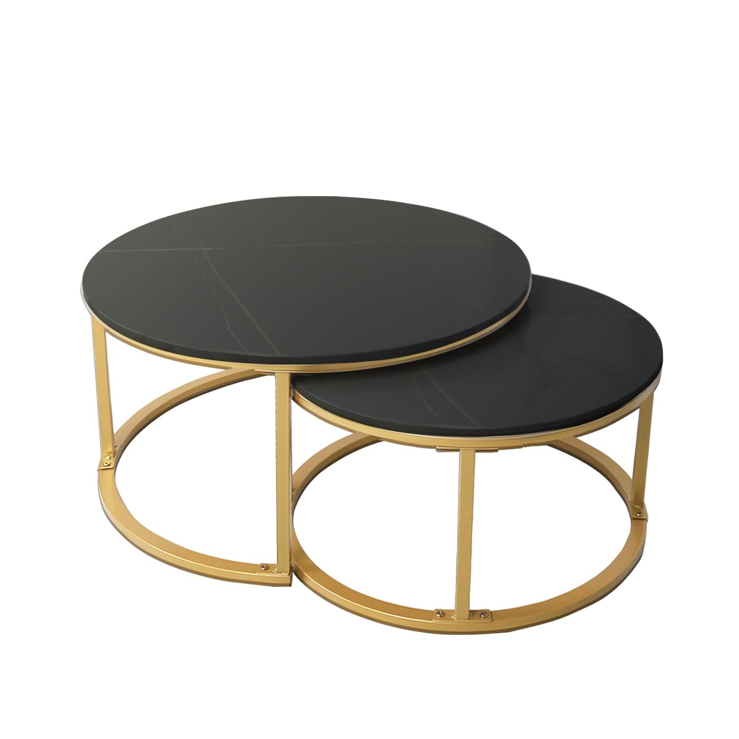 HYGRAD BUILT TO SURVIVE 2 x Round Sintered Stone With Metal Frame Marble Effect Nesting Coffee End Sofa Tables Home Living Room Furniture 70 x 70cm (Black/Gold)