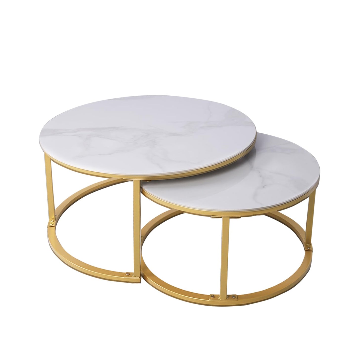 HYGRAD BUILT TO SURVIVE 2 x Round Sintered Stone With Metal Frame Marble Effect Nesting Coffee End Sofa Tables Home Living Room Furniture 70 x 70cm (White/Gold)