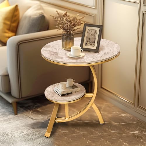 HYGRAD BUILT TO SURVIVE 2 Tier C Shaped Round Sintered Stone/Metal End Coffee Sofa Side Centre Table (Grey/Gold)