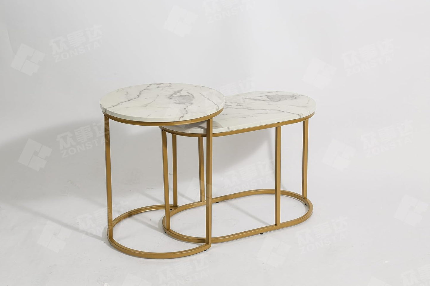 HYGRAD BUILT TO SURVIVE Set of 2 Marble/Metal Round Oval Nesting Side End Coffee Table White/Gold, White/Black, Black/Black & Black/Gold For Home Living Bed Room (White/Gold)