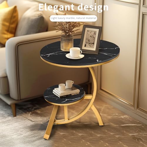 HYGRAD BUILT TO SURVIVE 2 Tier C Shaped Round Sintered Stone/Metal End Coffee Sofa Side Centre Table (Black/Gold)