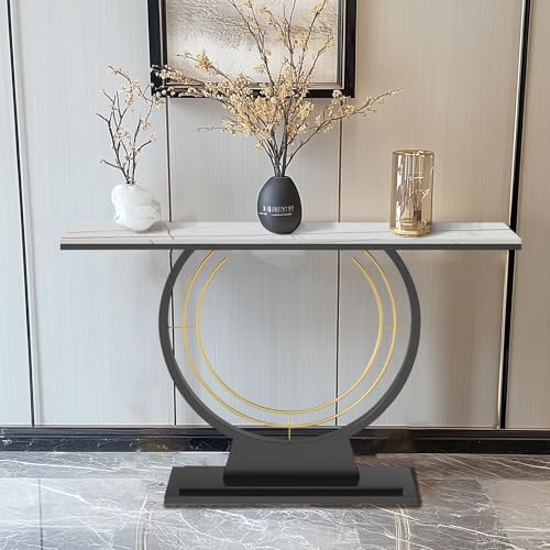 HYGRAD BUILT TO SURVIVE 120cm Wide Free Standing Narrow Slim Marble Effect Sintered Stone Metal Half Moon Base Console Sofa End Table Hallway Furniture (White/Black)