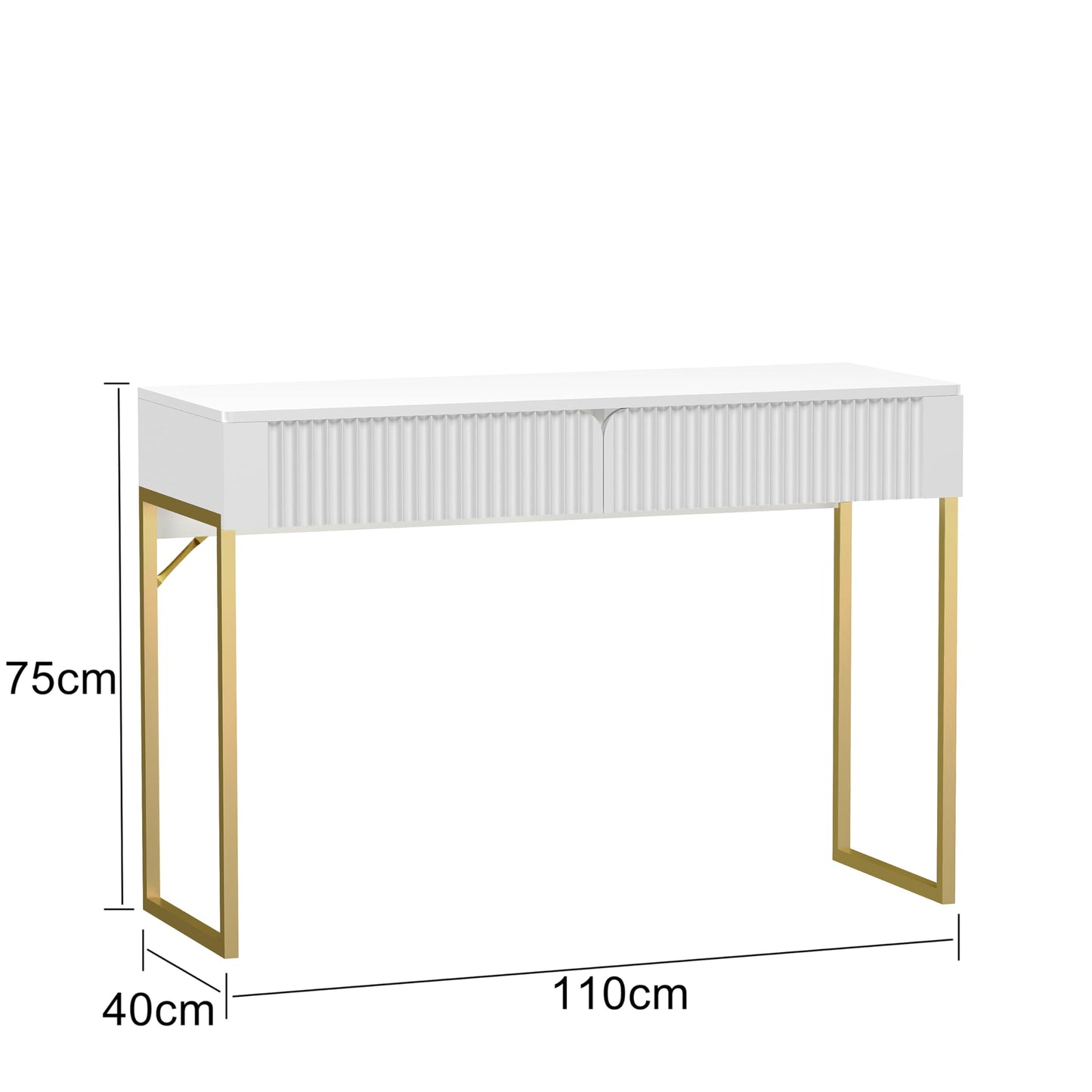 Free Standing White Elegant Fluted Wooden Computer Study Writing Desk Vanity Console Beauty Table With Golden Legs