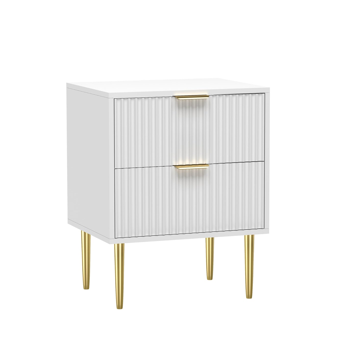 HYGRAD BUILT TO SURVIVE White Wooden 2 Drawer Chic Fluted Bedside End Sofa Table Nightstand For Living Bedroom Home With 4 Golden Legs