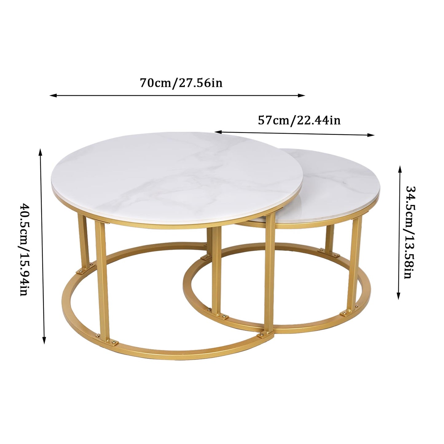 HYGRAD BUILT TO SURVIVE 2 x Round Sintered Stone With Metal Frame Marble Effect Nesting Coffee End Sofa Tables Home Living Room Furniture 70 x 70cm (White/Gold)