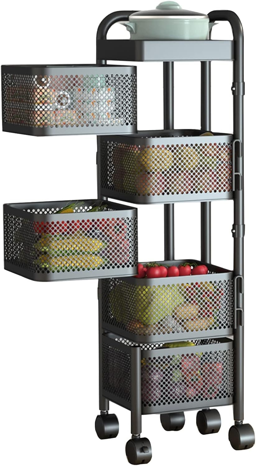 4, 5 Tier Rolling Multi-purpose Metal Rotating Rolling Free Standing Detachable Mesh Potato/Fruits/Vegetable Storage Baskets Shelf Organizer Tidy Kitchen Rack With Wheels (5 Tier)