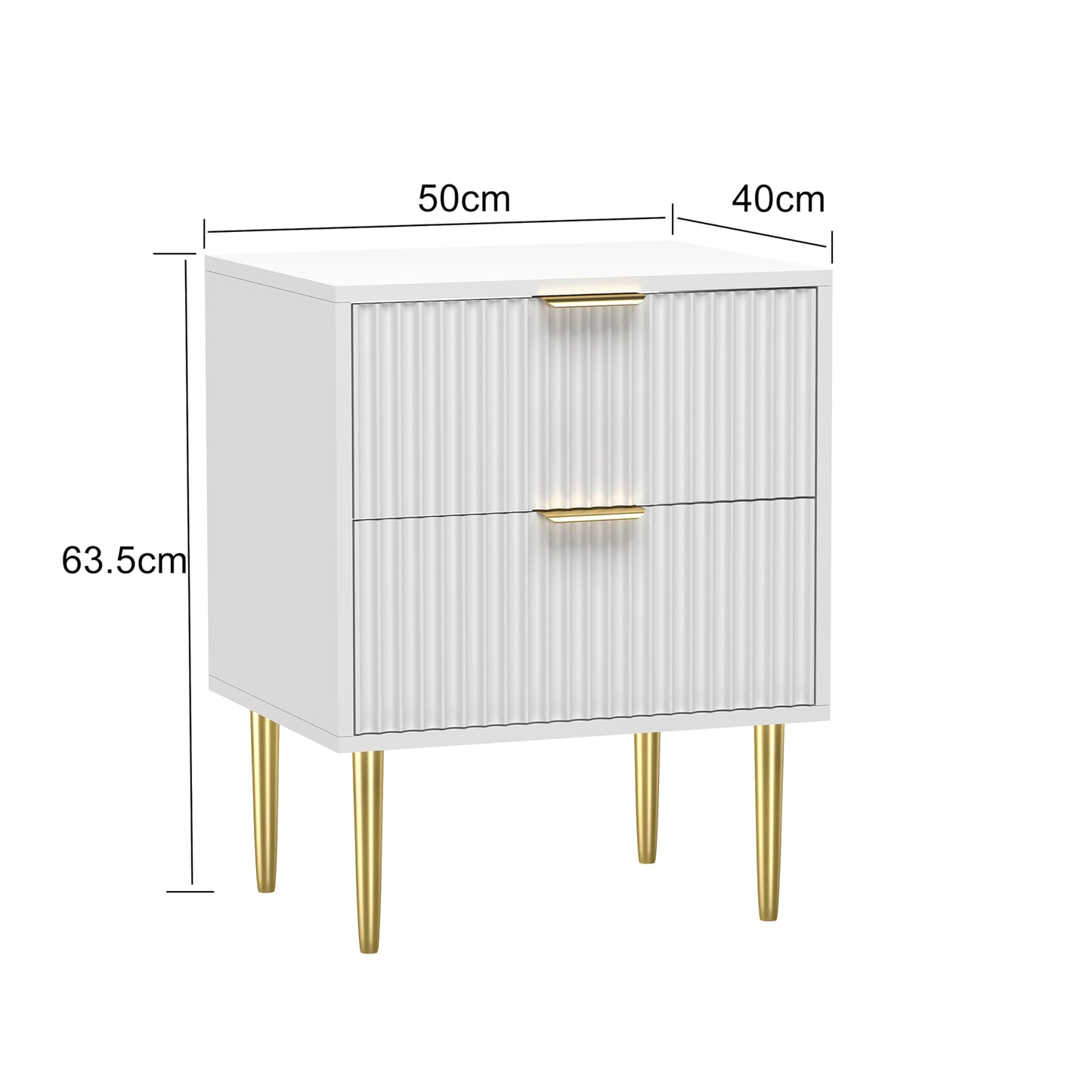 HYGRAD BUILT TO SURVIVE White Wooden 2 Drawer Chic Fluted Bedside End Sofa Table Nightstand For Living Bedroom Home With 4 Golden Legs