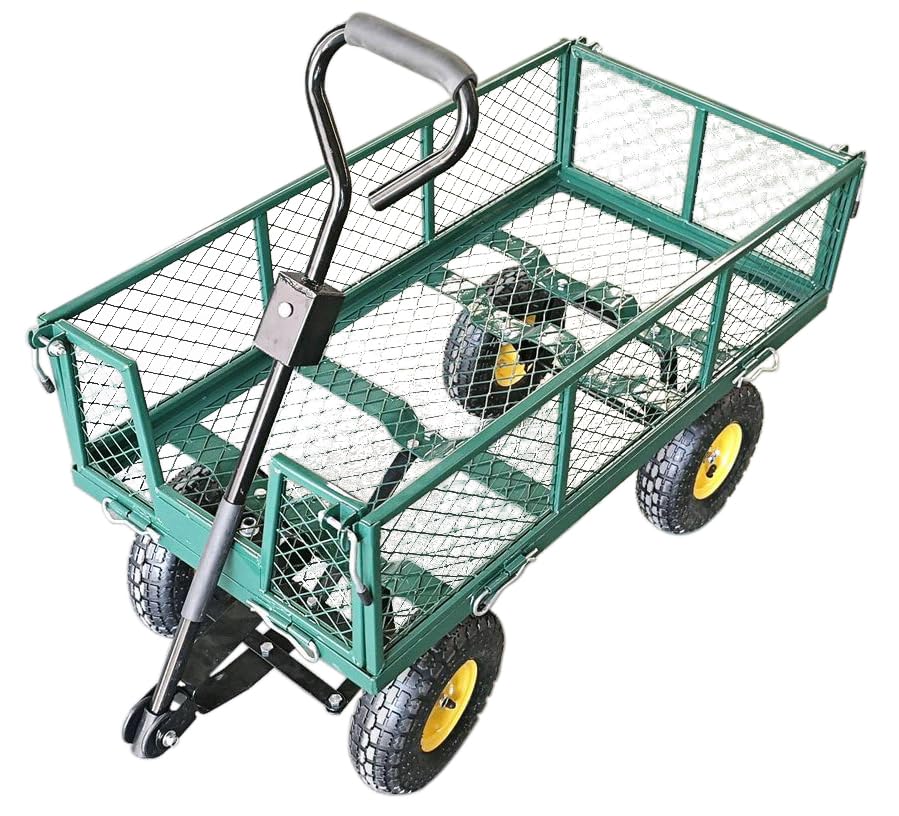 Heavy Duty Steel Mesh Portable Rolling Garden Yard Farm Dump Cart Utility Wagon Beach Trolley 180° Rotating Handle With 4 Pneumatic Wheels