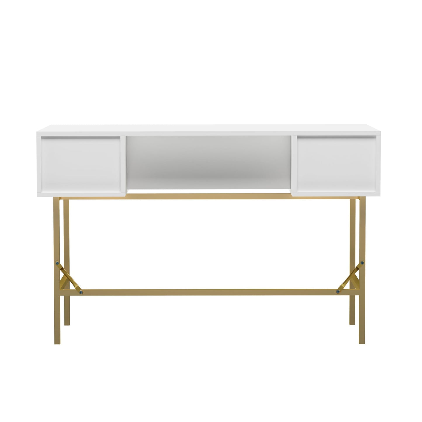 HYGRAD BUILT TO SURVIVE 121cm Wide Free Standing White Wooden Fluted Chic Writing Study Computer Desk Vanity Console Dressing Table 3 Drawers With Gold Metal Frame