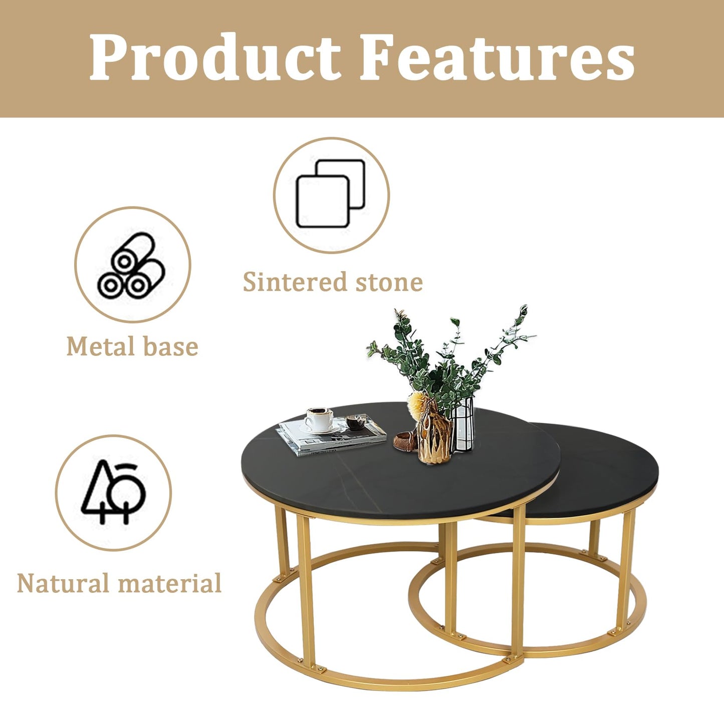 HYGRAD BUILT TO SURVIVE 2 x Round Sintered Stone With Metal Frame Marble Effect Nesting Coffee End Sofa Tables Home Living Room Furniture 70 x 70cm (Black/Gold)