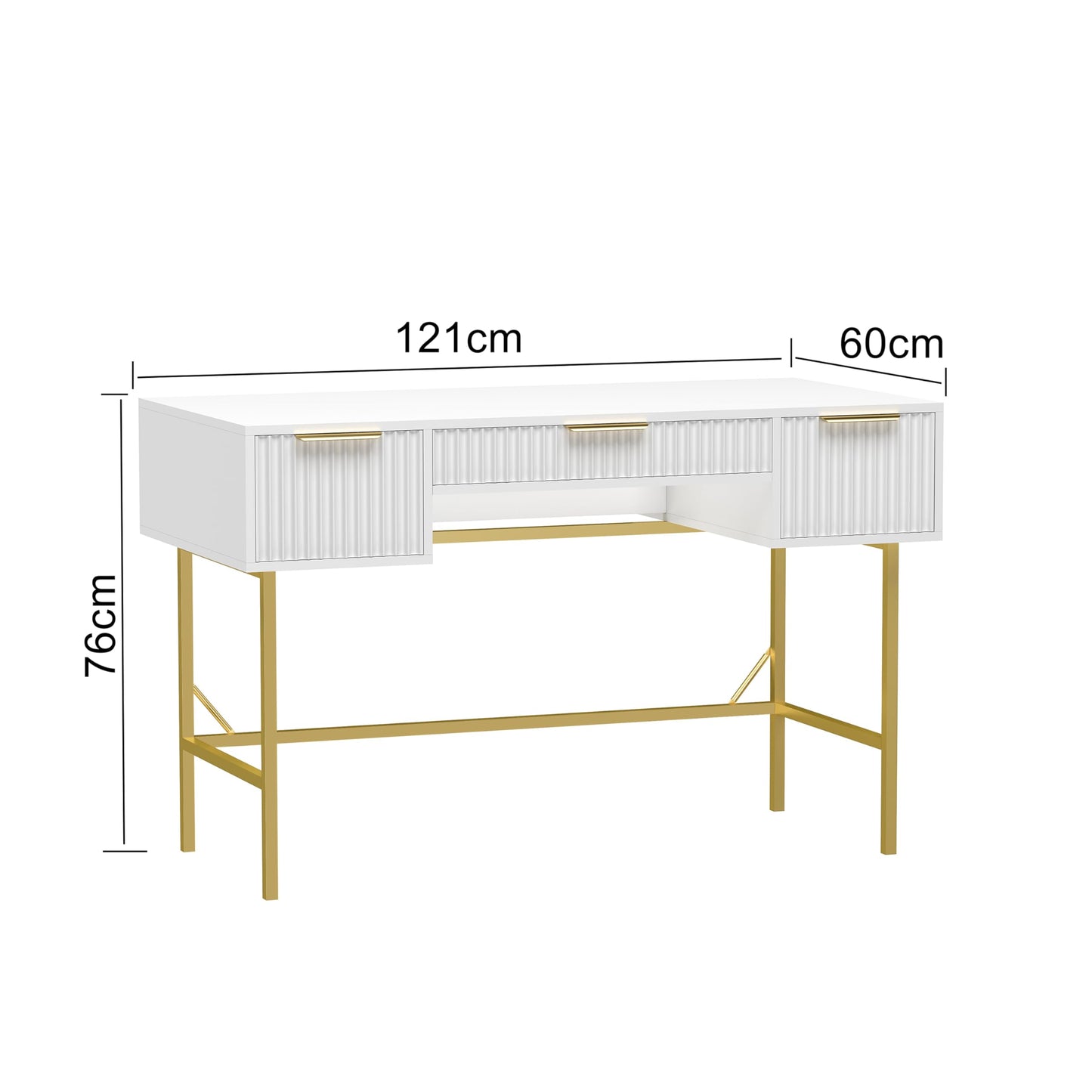 HYGRAD BUILT TO SURVIVE 121cm Wide Free Standing White Wooden Fluted Chic Writing Study Computer Desk Vanity Console Dressing Table 3 Drawers With Gold Metal Frame